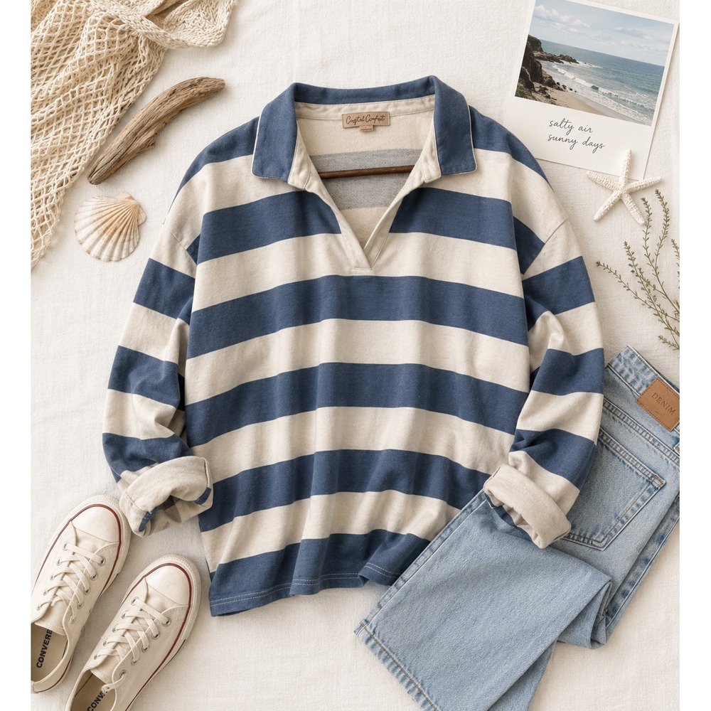 Coastal Striped Rugby Shirt Blue White Nautical Oversized Preppy Old Money
